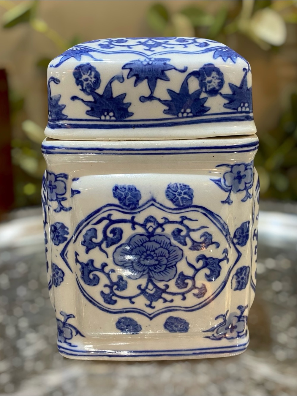 Vintage Signed Chinese Tea Jar Canister Blue White Floral with Lid